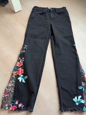 26 We The Free Black Floral Embroidered Lace Jeans Dark Flare Art To Wear